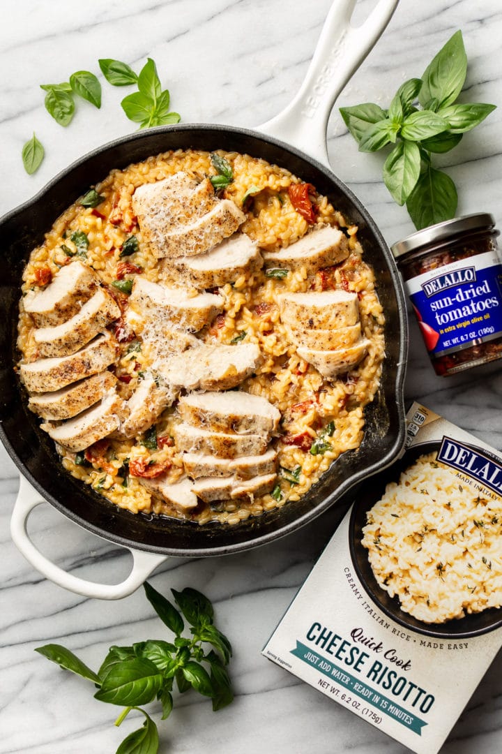 easy risotto skillet pictured with package of DeLallo's Quick Cook Risotto and jar of DeLallo sun-dried tomatoes