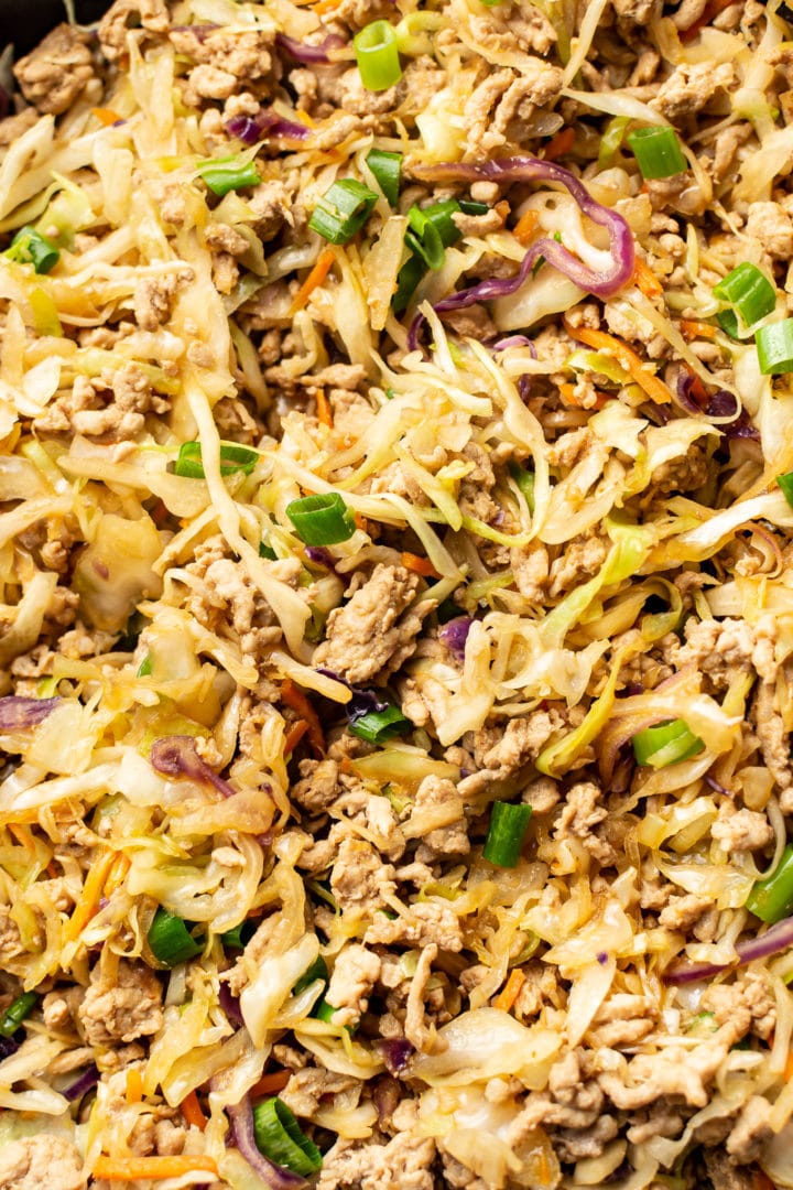 extreme close-up of egg roll in a bowl