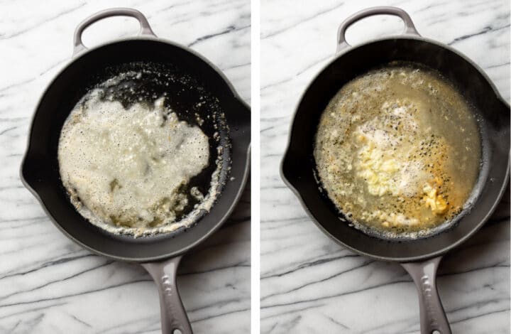 cooking a roux and then adding in garlic to a cast iron skillet