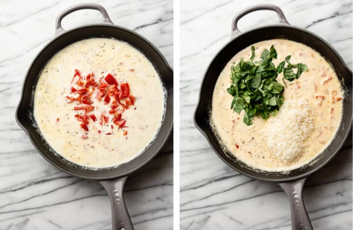 adding in cream, tomatoes, and basil to a cast iron skillet for the sauce