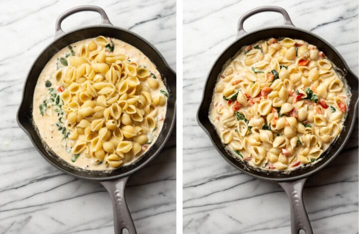 finishing creamy tomato basil pasta by adding cooked pasta to the skillet