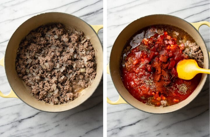 sauteing ground beef in a pot and stirring in other american goulash ingredients