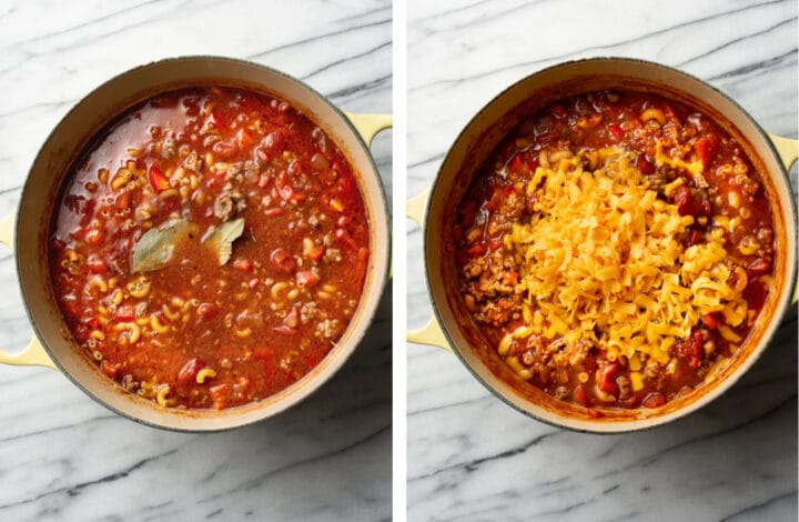 adding in macaroni and cheddar cheese to a pot of american goulash