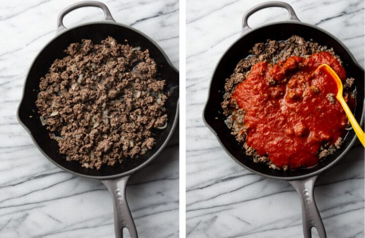 browning ground beef in a skillet and stirring in marinara sauce