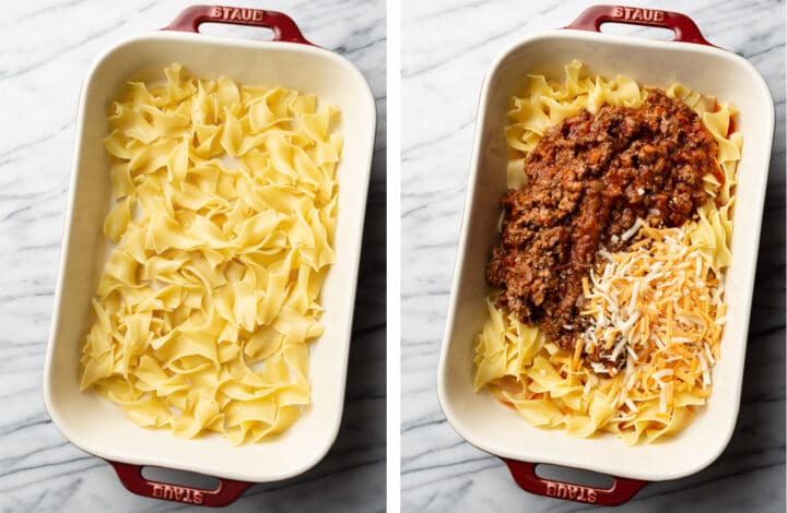 adding egg noodles, ground beef, and cheese to a casserole dish