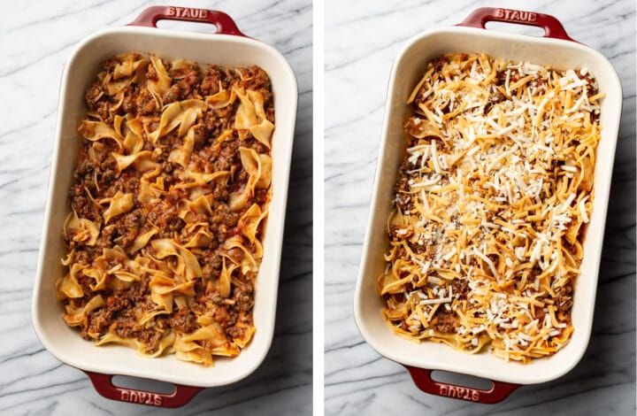 adding a second layer of meat and cheese to beef noodle casserole