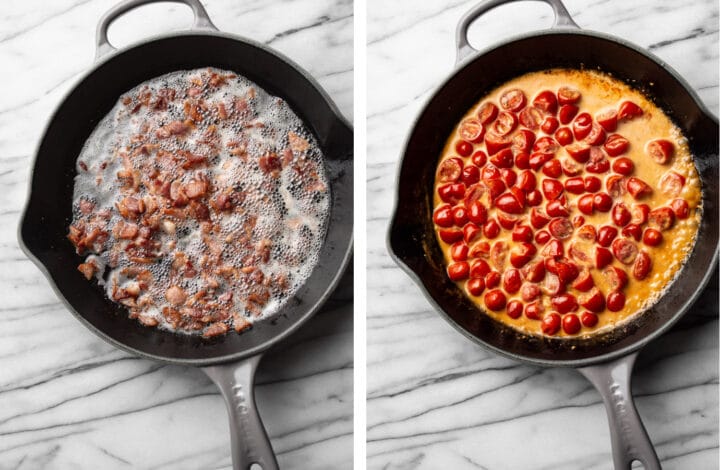 frying bacon in a skillet and adding in tomatoes for blt pasta