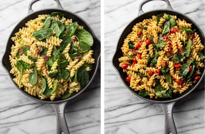 adding cooked pasta and spinach to the skillet