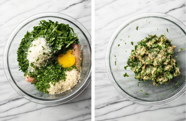 collage showing how to mix chicken and spinach meatballs in a glass dish