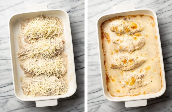 cream of mushroom chicken bake in a casserole dish before and after baking
