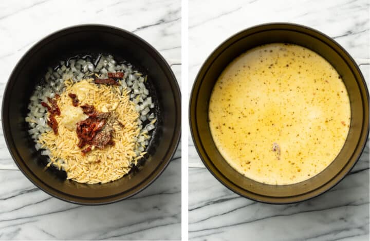 sauteing ingredients in a soup pot for tuscan orzo and adding cream and broth