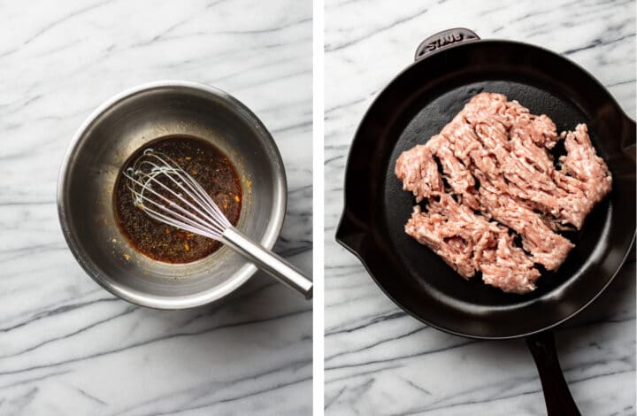 whisking sauce and browning meat in a skillet for egg roll in a bowl