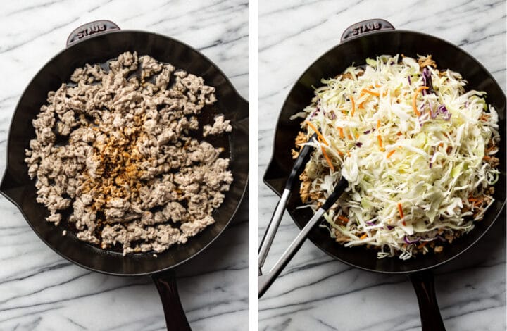 adding in seasonings and cabbage to a skillet for egg roll in a bowl