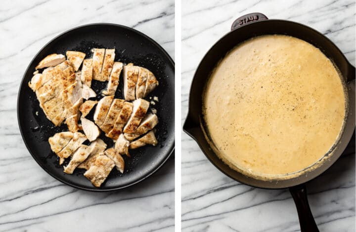 pan frying chicken and making a roux in a skillet for garlic chicken pasta