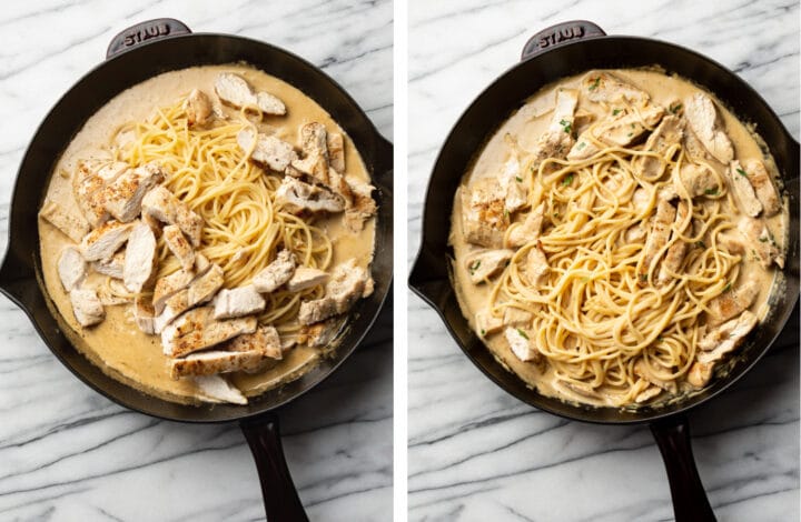 adding cooked chicken and spaghetti to a skillet for creamy garlic chicken pasta