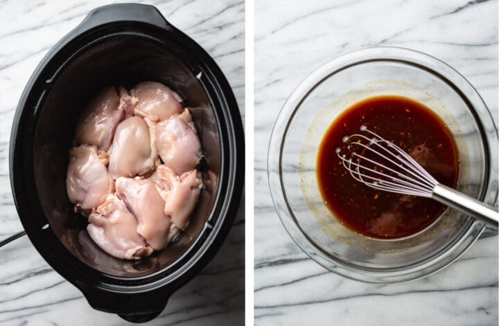 adding chicken thighs to a slow cooker and whisking honey garlic sauce in a glass bowl