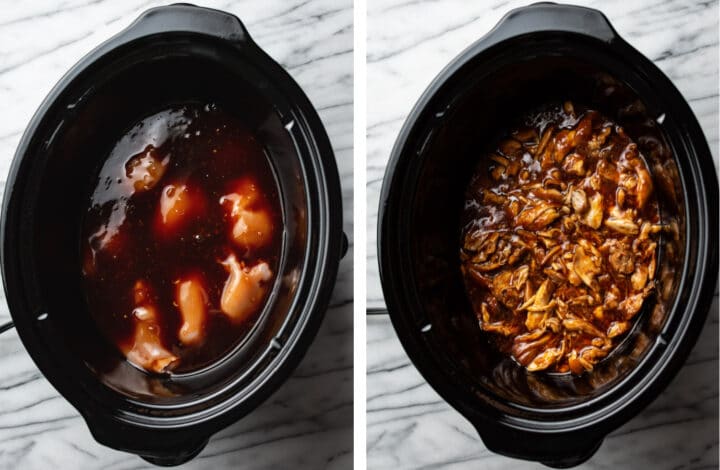 honey garlic chicken in a slow cooker before and after cooking