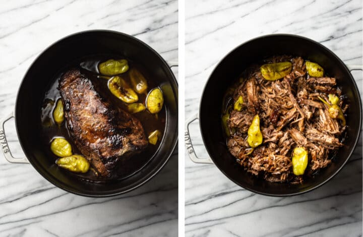 a dutch oven with mississippi pot roast before and after being shredded