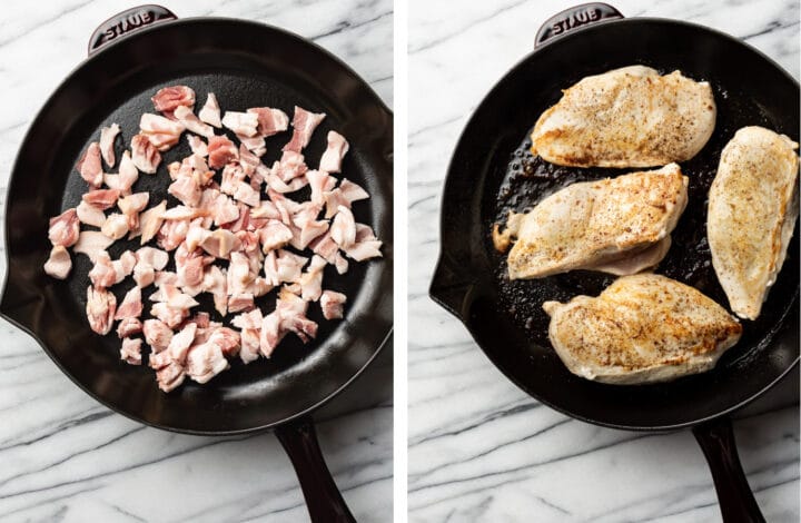 frying bacon and mixing cream cheese topping in a bowl