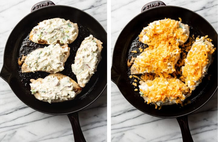 adding cream cheese and cheddar cheese to chicken in a skillet