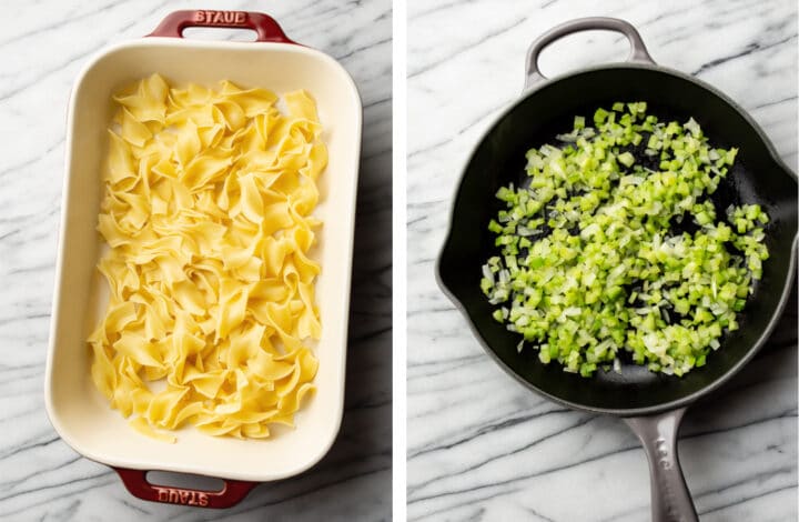 adding egg noodles to a baking dish and sauteing aromatics in a cast iron skillet