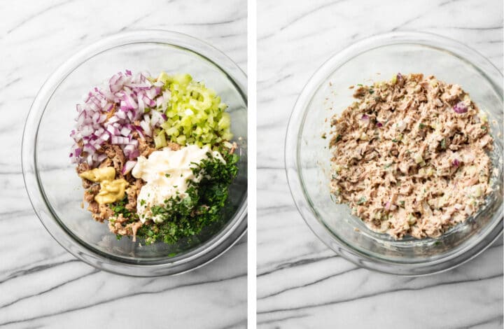 mixing ingredients for tuna salad in a glass bowl