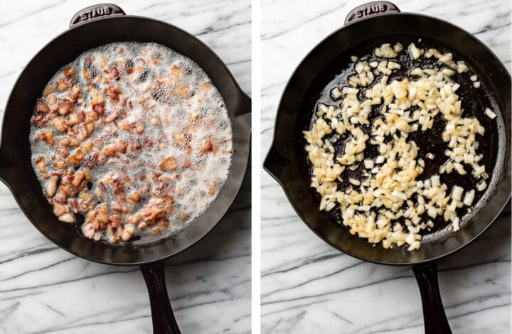 sauteeing bacon and onions in a cast iron skillet