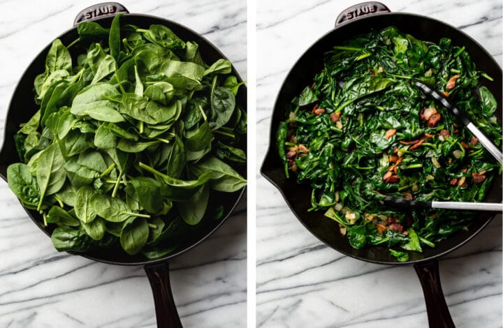 bacon and spinach in a cast iron skillet