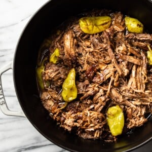 Mississippi pot roast close-up in a Dutch oven