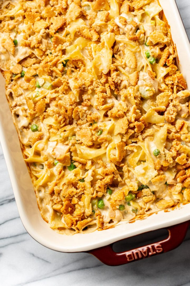 close-up of tuna noodle casserole in a 9x13