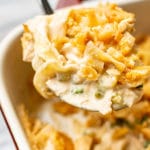 close-up of a serving spoonful of tuna noodle casserole