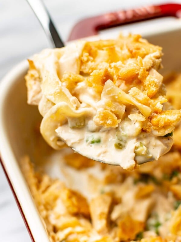 close-up of a serving spoonful of tuna noodle casserole
