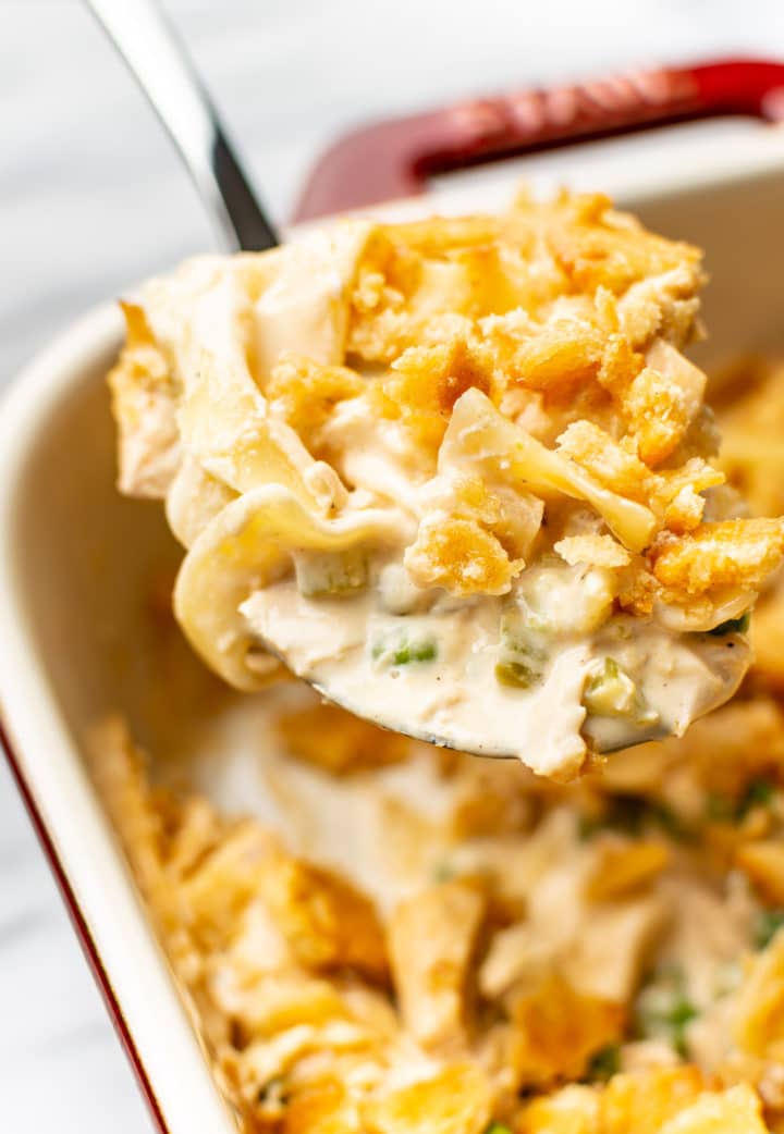 close-up of a serving spoonful of tuna noodle casserole