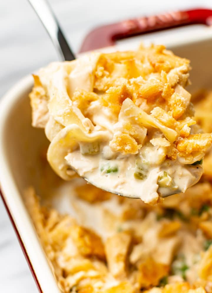 close-up of a serving spoonful of tuna noodle casserole