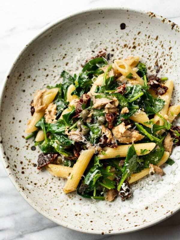 canned mackerel pasta close-up in a shallow bowl