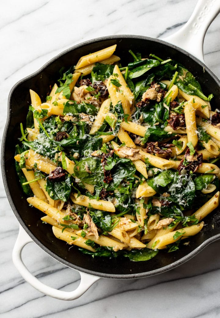 canned mackerel pasta in a skillet