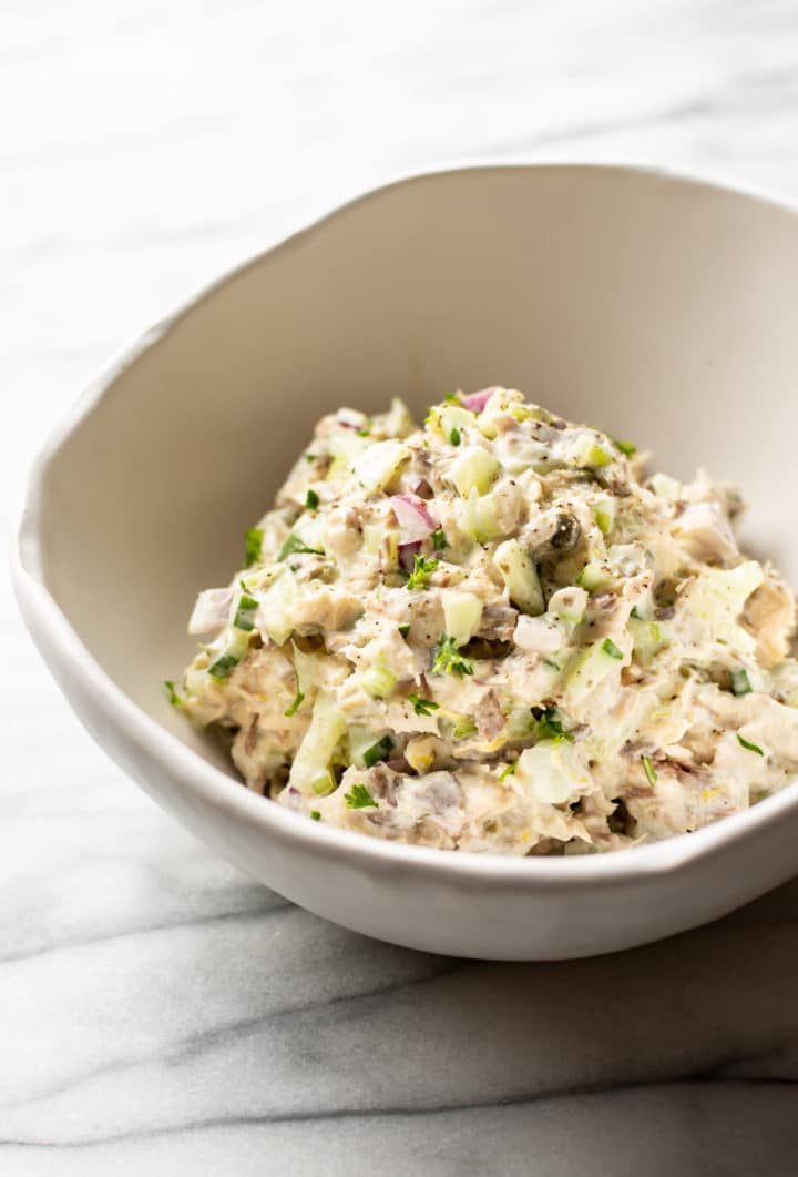 canned mackerel salad in a white bowl