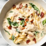 close-up of chicken bacon ranch soup in a white bowl