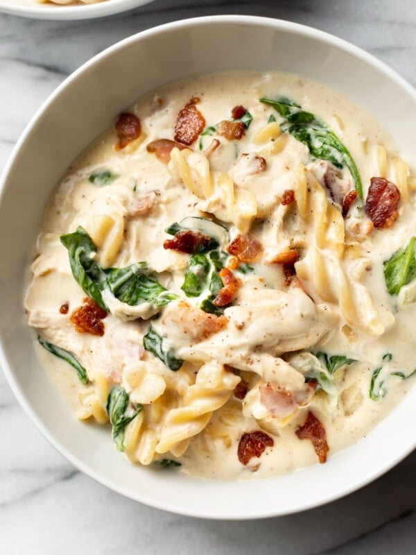 close-up of chicken bacon ranch soup in a white bowl