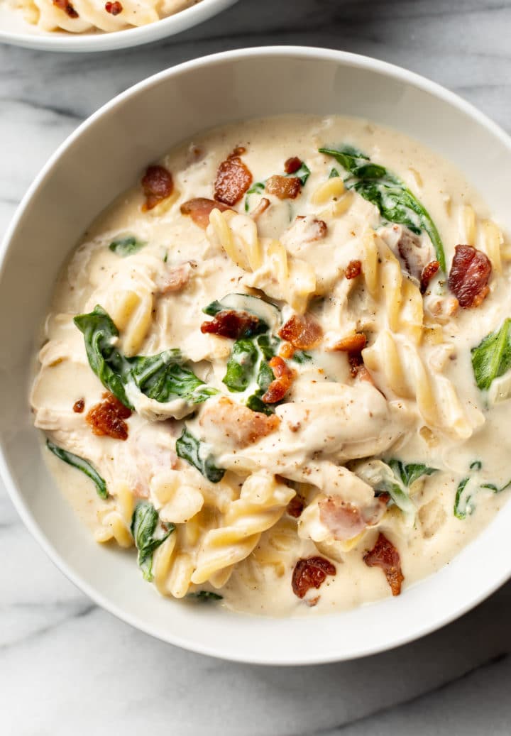 close-up of chicken bacon ranch soup in a white bowl