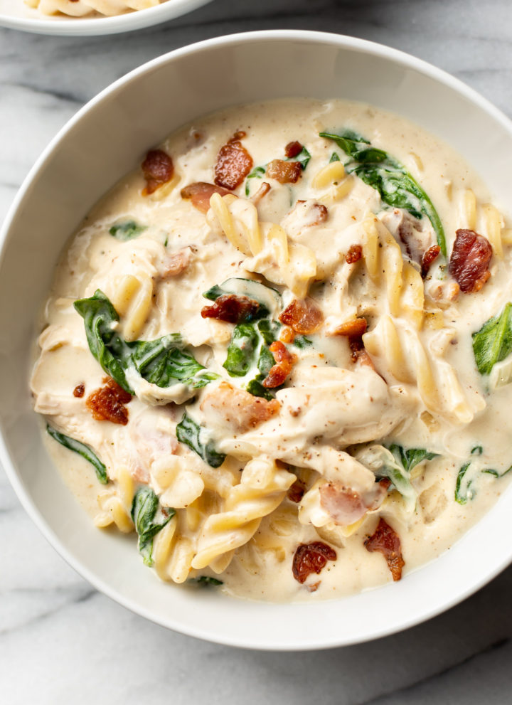 close-up of chicken bacon ranch soup in a white bowl