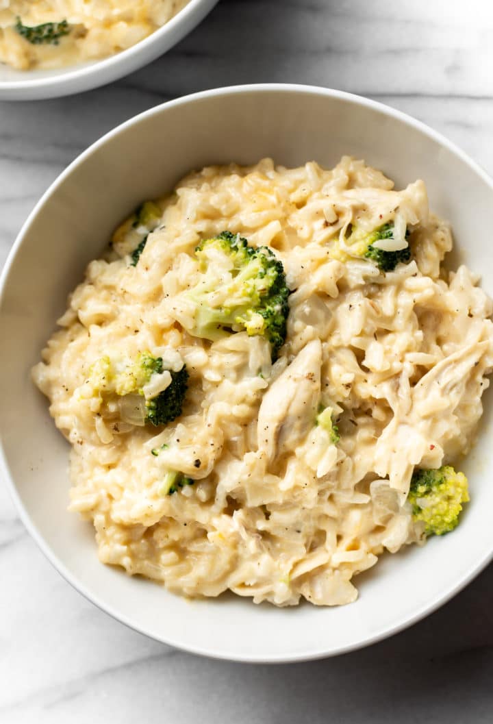 chicken broccoli rice casserole close-up in white bowl