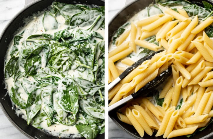 creamy spinach pasta photo collage