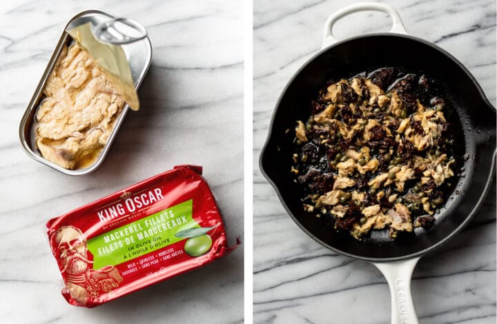 a can of mackerel next to a skillet with sun-dried tomatoes, garlic, and mackerel