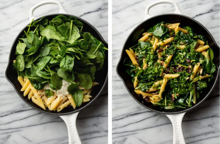 adding cooked pasta and spinach and parsley to cast iron skillet with mackerel pasta