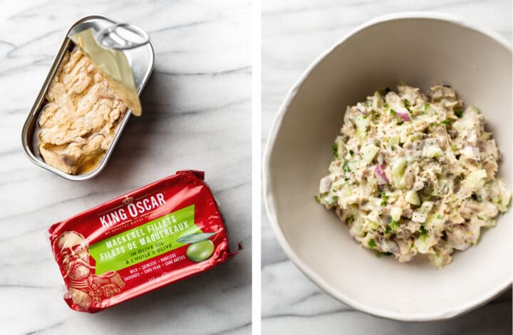 a can of mackerel next to a bowl of canned mackerel salad on a marble surface