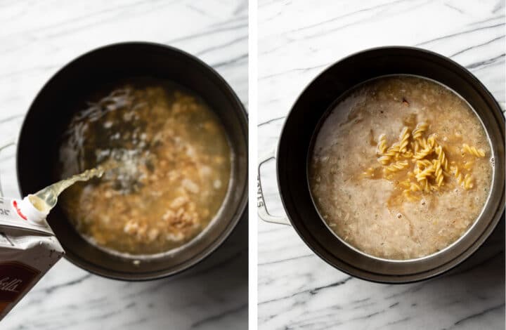 adding in broth and pasta into the soup pot