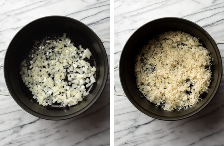 sauteing onions and adding rice to a dutch oven