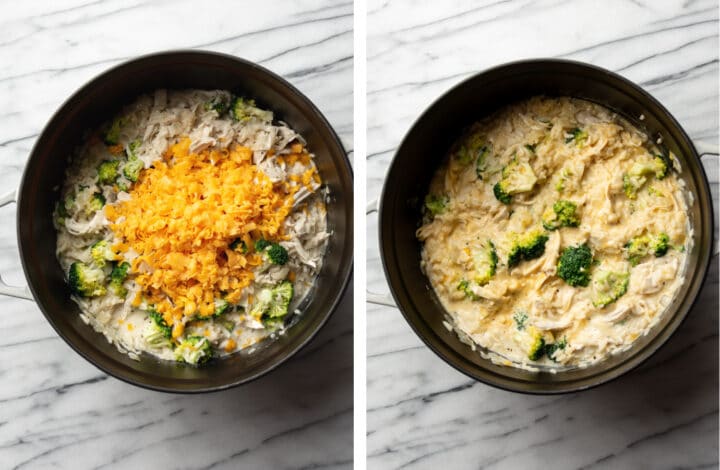 adding in cheddar cheese to one pot chicken, broccoli, and rice in a dutch oven