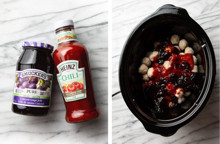 adding frozen meatballs, heinz chili sauce, and smuckers grape jelly to a crockpot